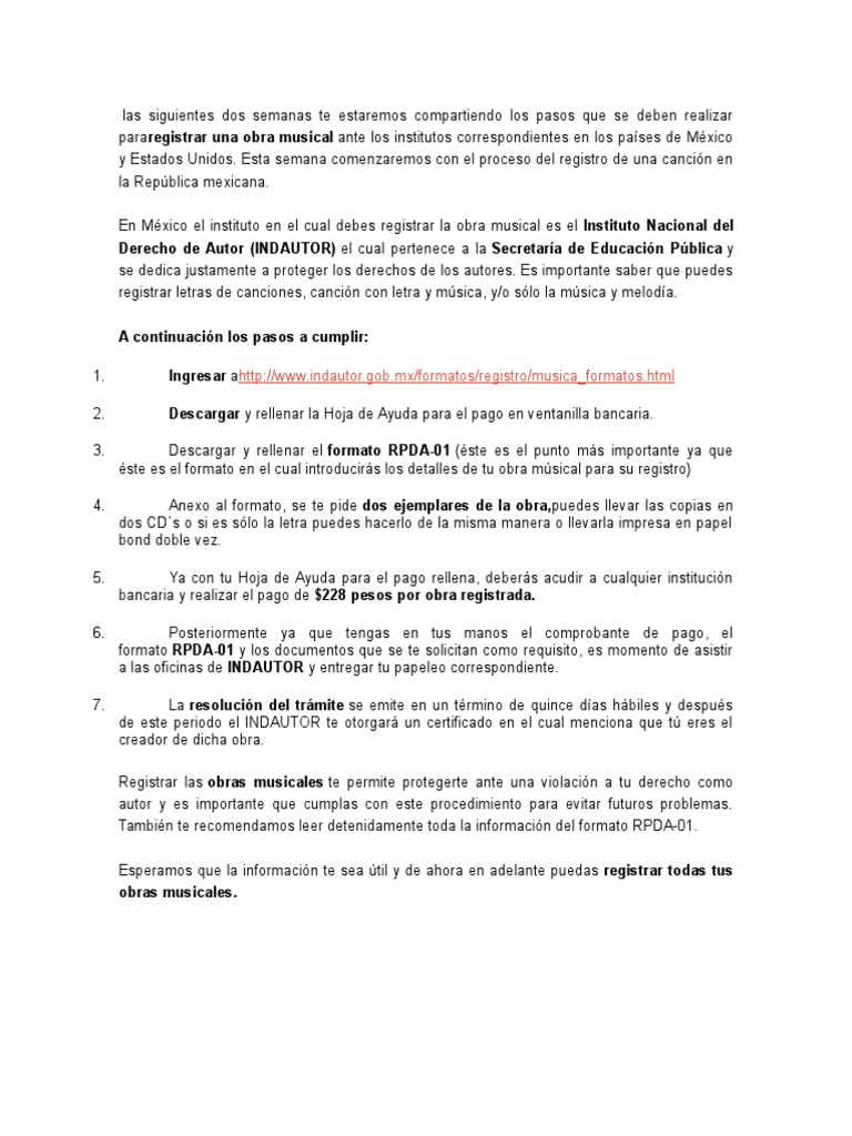 Las Siguientes Dos Semanas Te Estaremos Compartiendo Los Pasos Que Se Deben Realizar Pararegistrar Una Obra Musical scribd