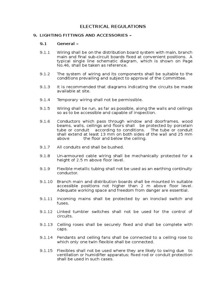 Electrical Regulations 9. Lighting Fittings and Accessories 9.1
