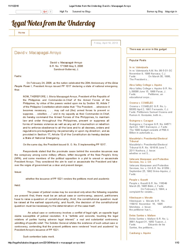 Lega note fro th underdo david v macapagal arroyo pdf martial