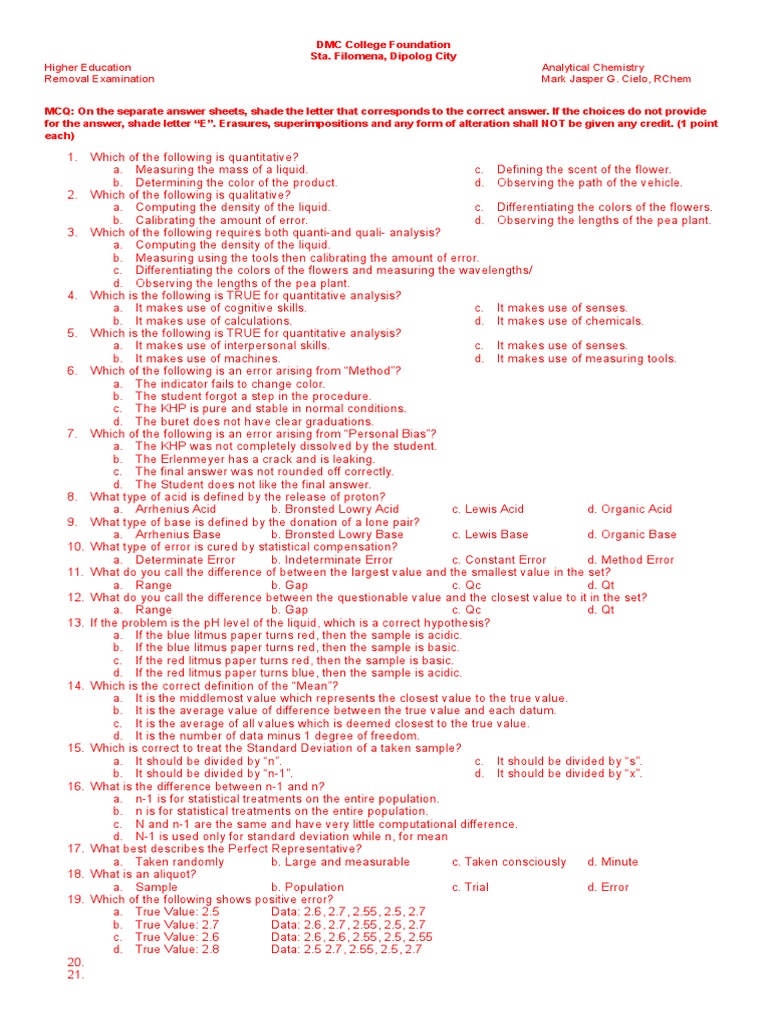 Removal Exan For Chemistry PDF Spectrophotometry Errors And Residuals
