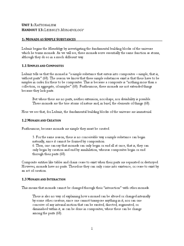 Handout Leibniz Monadology | PDF | Mind | Reason