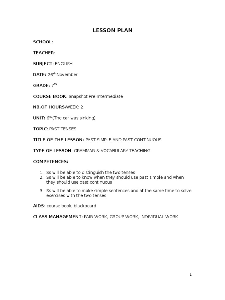 Past Simple and Continuous Lesson Plan | PDF | Lesson Plan | Teachers