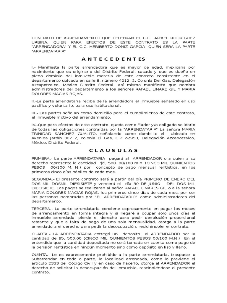 Ejemplo Contrato de Arrendamiento Ciudad de México México