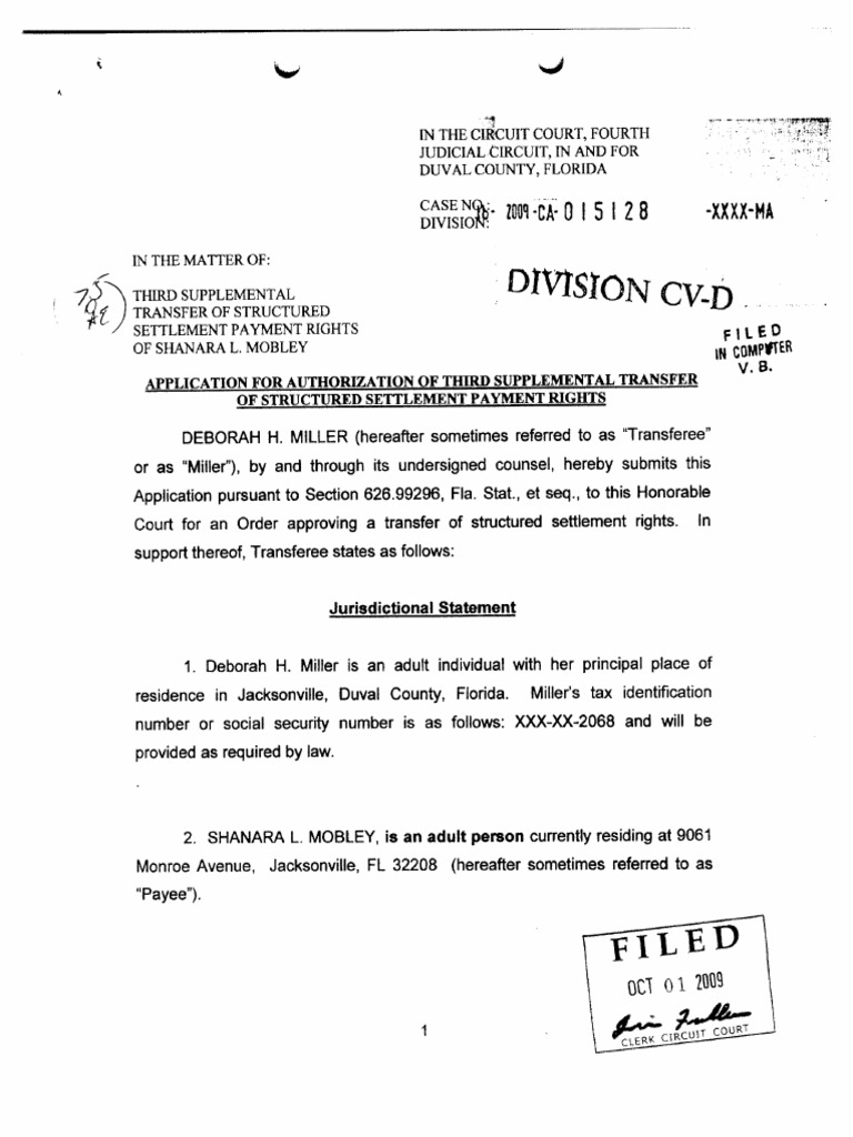 Application To Transfer Settlement Payment Rights | PDF