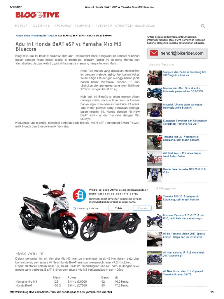 Adu Irit Honda BeAT ESP Vs Yamaha Mio M3 Bluecore PDF