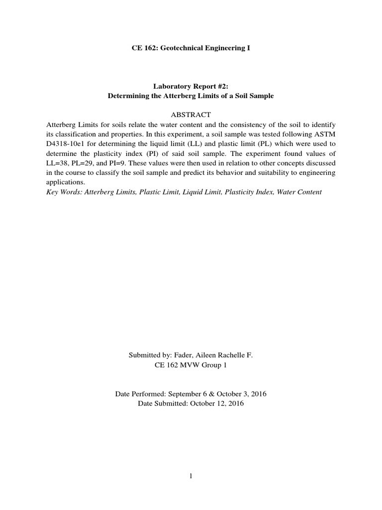 CE162 Lab Report Abstract Atterberg Limits