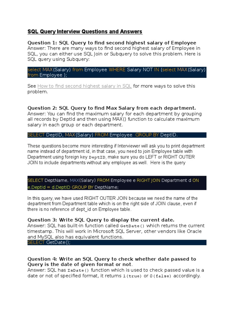 SQL Query Interview Questions and Answers: (Salary) Employee Salary NOT ...
