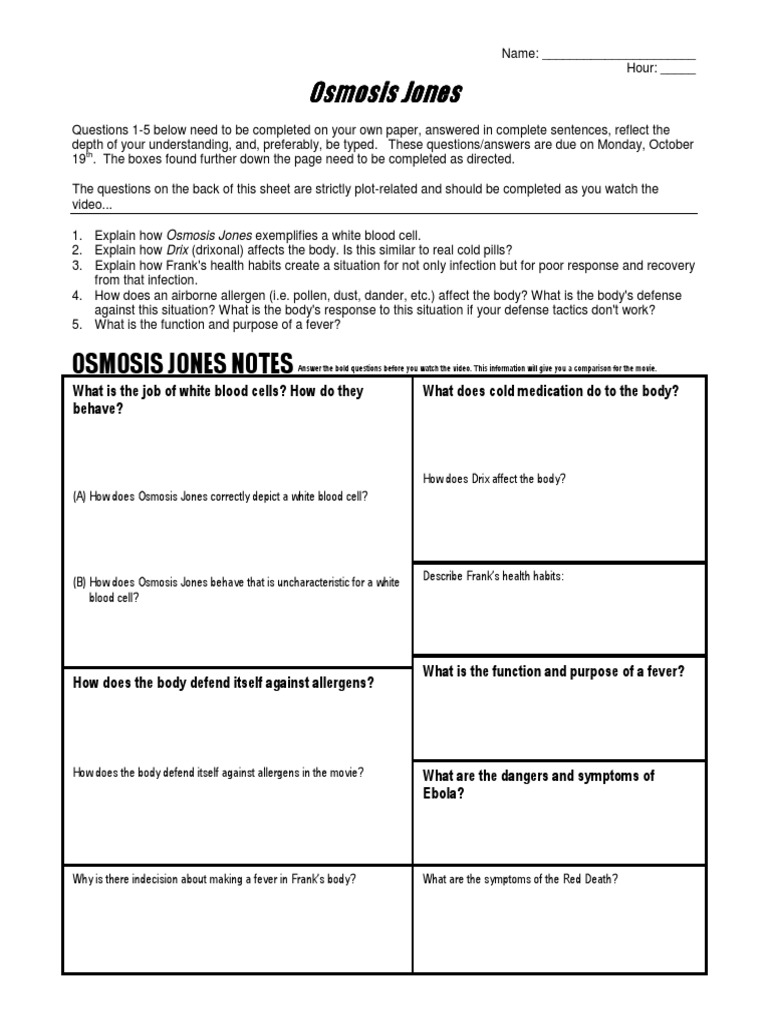 Osmosis Jones Video Questions WS PDF Medical Specialties Clinical