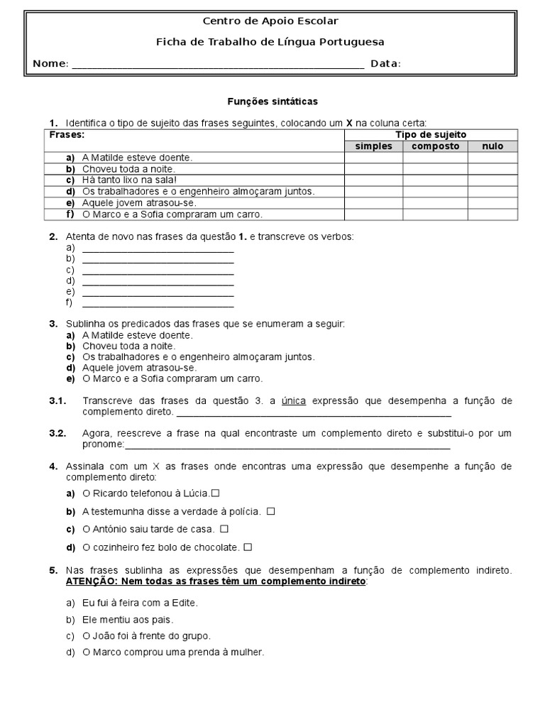 Funções Sintáticas 6º Ano | Assunto (Gramática) | Idiomas