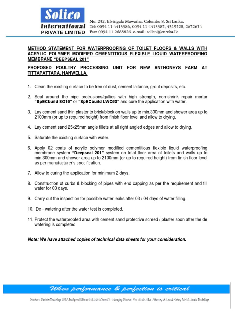 Method Statement for Waterproofing of Toilets Plaster Mortar (Masonry)