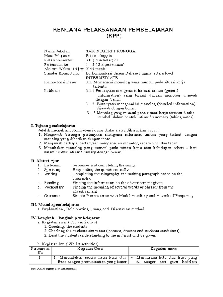 Rpp Bahasa Inggris Kelas Xii
