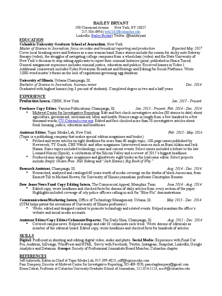 Bailey Bryant: Journalism Resume | PDF | Copy Editing | Editing