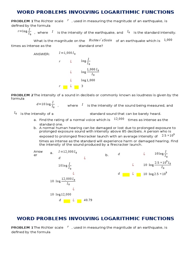 Log Problems Worksheet PDF Logarithm Physics