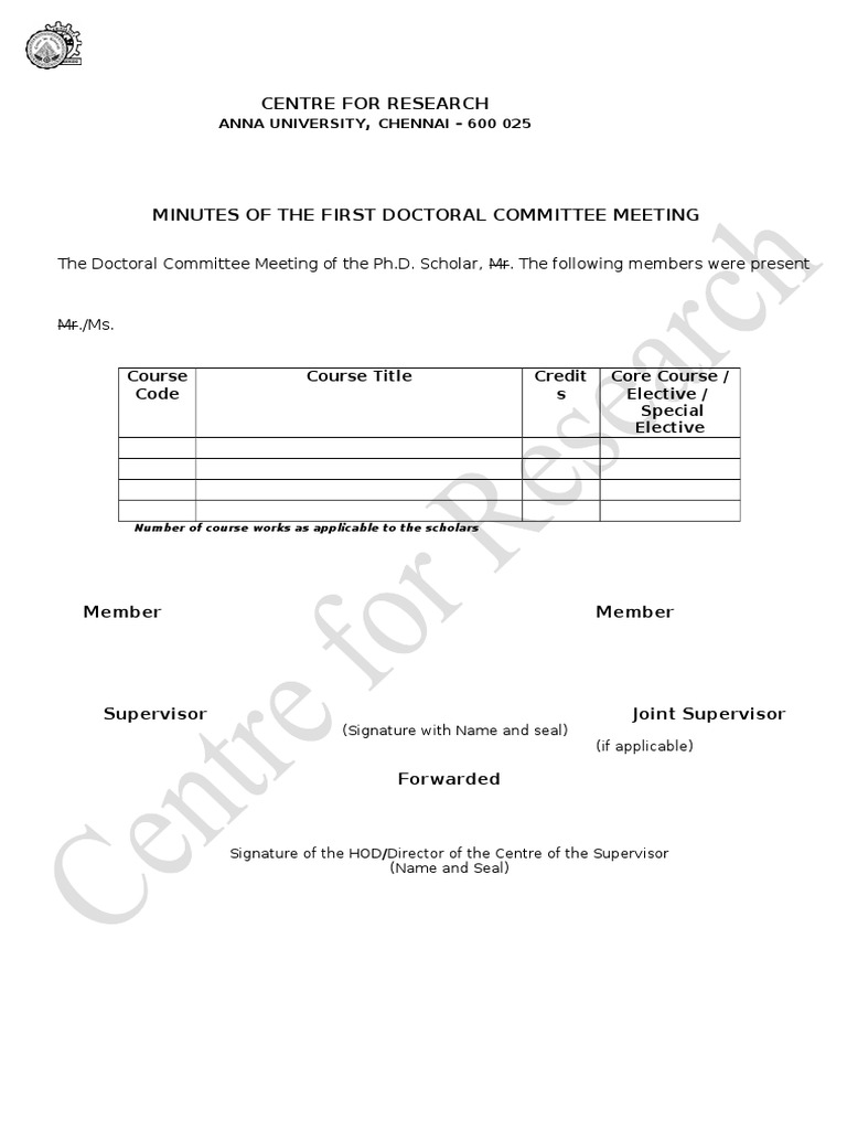 Centre For Research ,: The Doctoral Committee Meeting of The Ph.D ...
