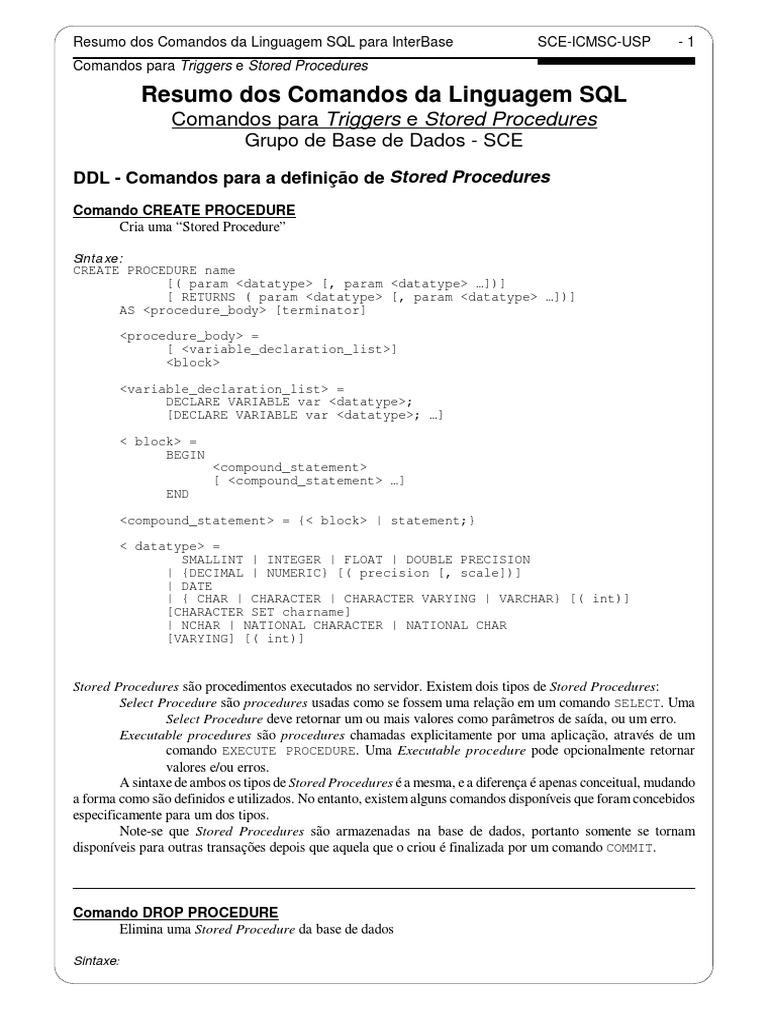 Comandos para Triggers e Stored Procedures PDF | PDF | SQL | Bancos de ...