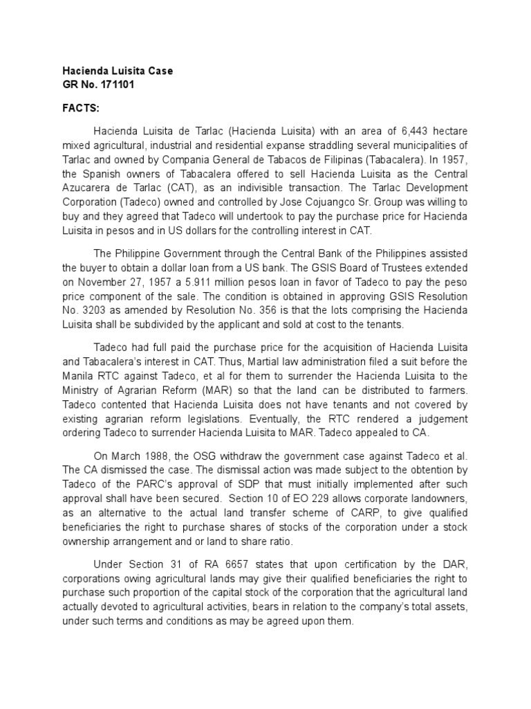 An Analysis of the Complex Land Reform Case of Hacienda Luisita PDF