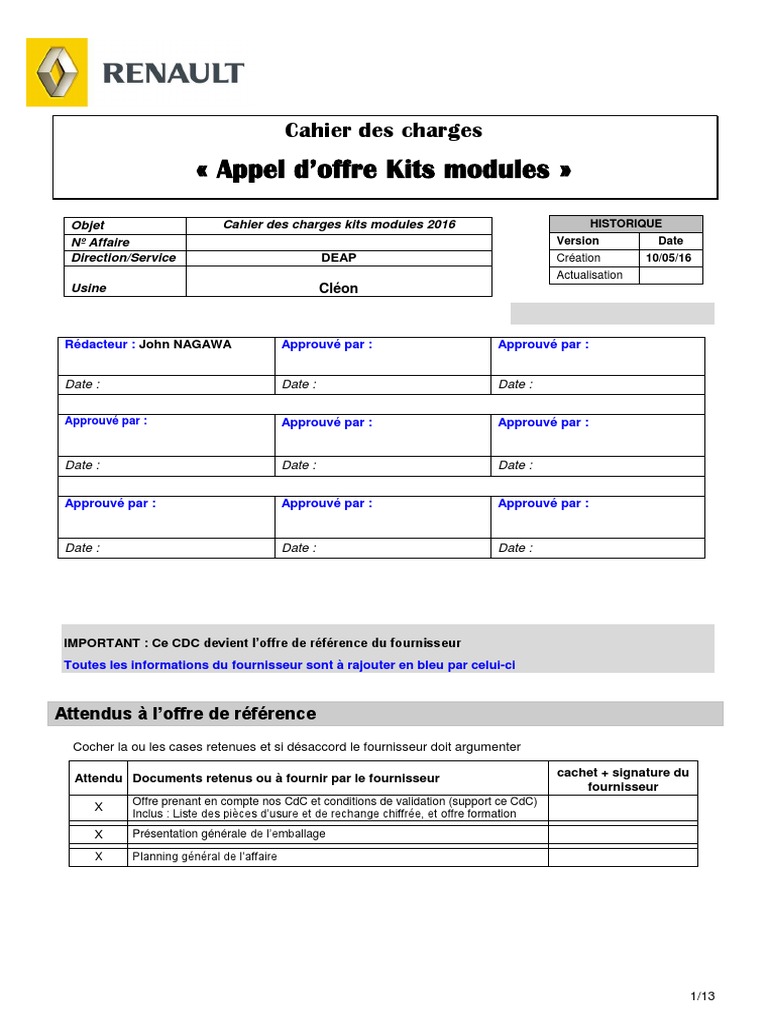 Cahier Des Charges Kits Modules 2016  Matériaux  les industries