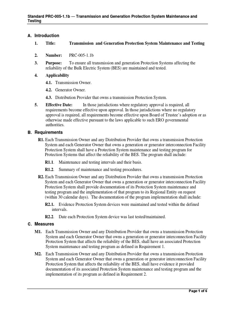 PRC-005-1.1b: Protection System Standards | PDF | Relay | Regulatory ...