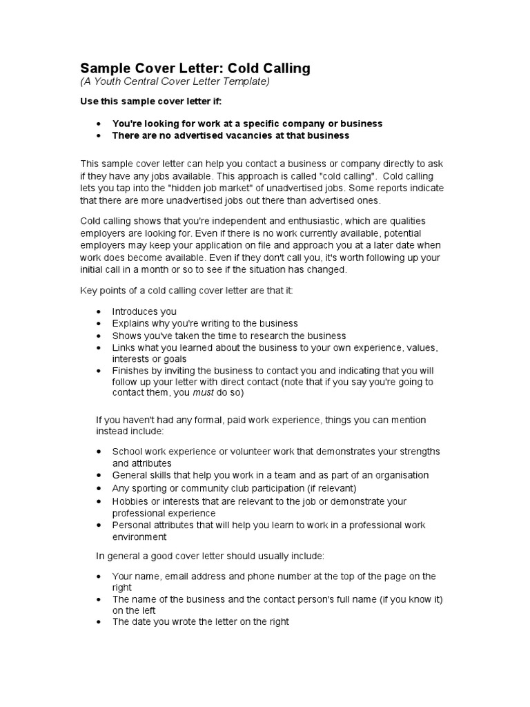 Sample Cover Letter Cold Calling PDF Reputation Résumé