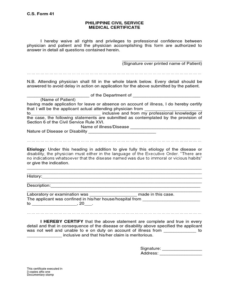Civil Service Form Medical Certificate PDF | PDF