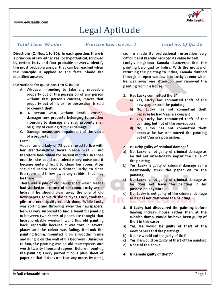 Legal Aptitude Practice Exercise 4 | PDF | Negligence | Tort
