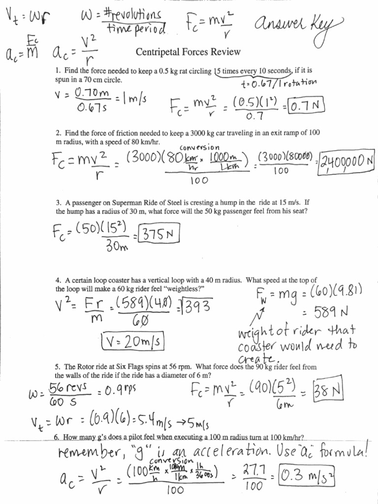 Centripetal Force Worksheet With Answers