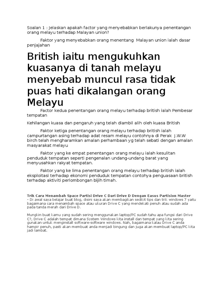 Faktor Penentangan Org Melayu Terhadap British Soln Esei  PDF