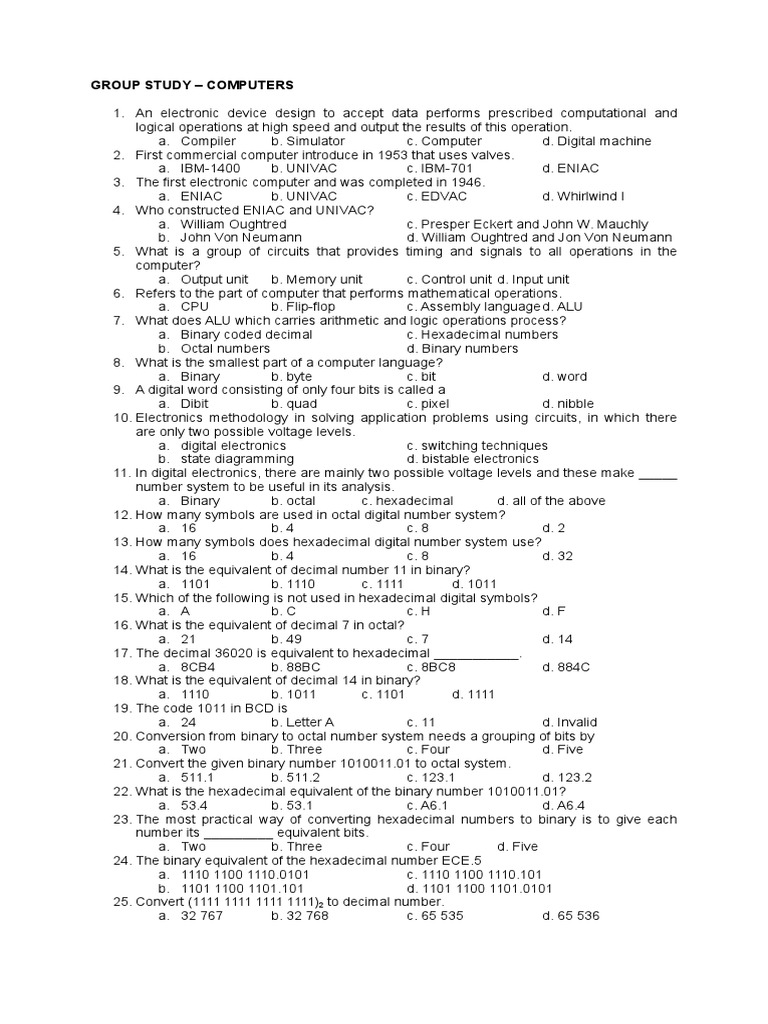 Group Study - Computers Questionnaire | Computer Data Storage | Logic Gate