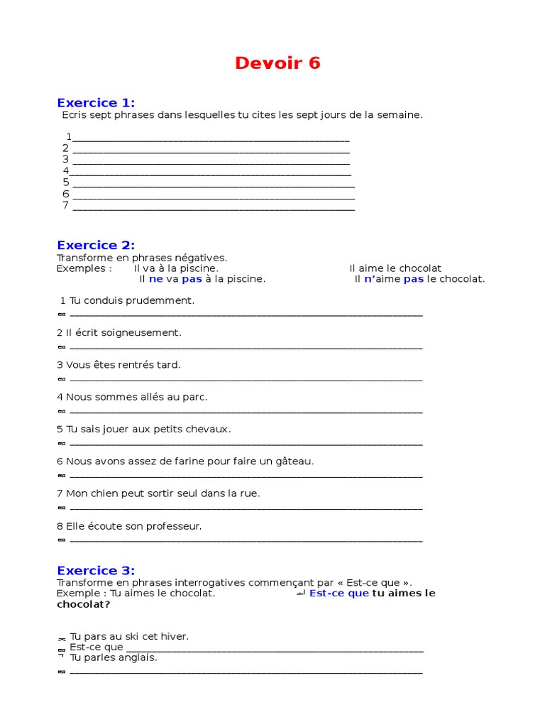 Devoir 6 : Exercices de français 6ème | PDF | Maison et jardin