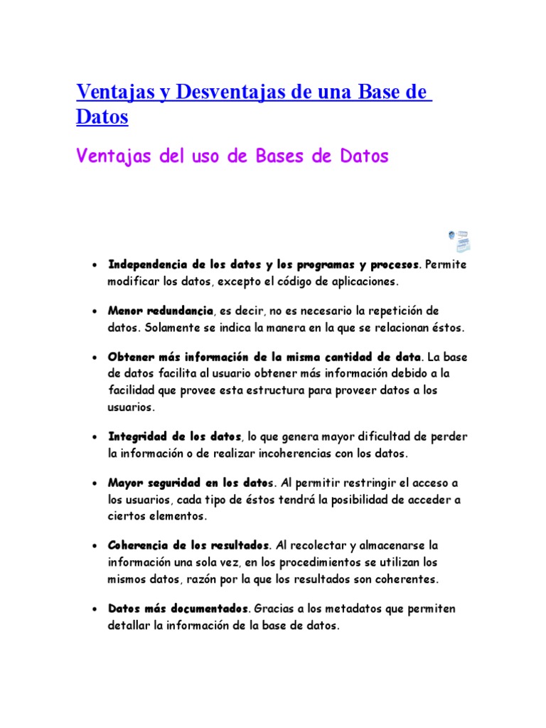 Ventajas y Desventajas de Bases de Datos | PDF | Bases de datos ...