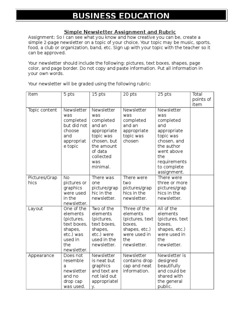 newsletter assignment rubric