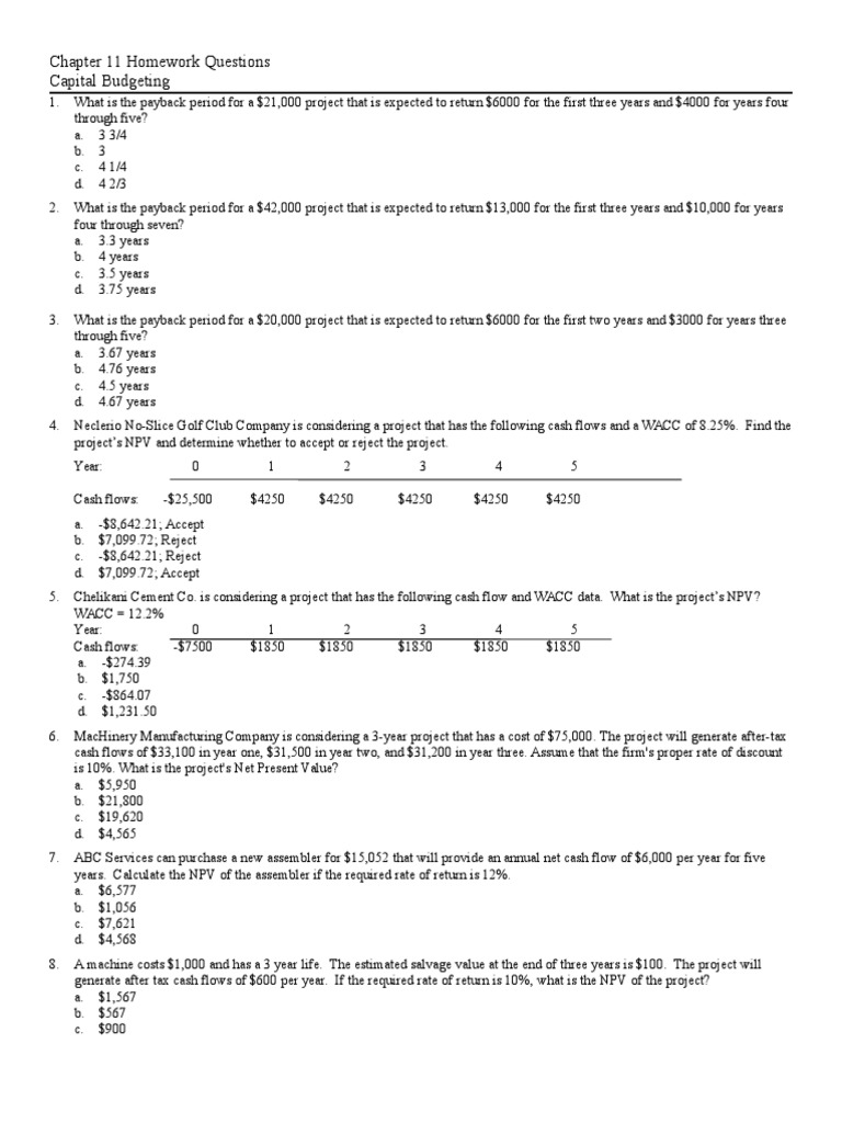 Capital Budgeting Homework Questions | PDF | Capital Budgeting ...