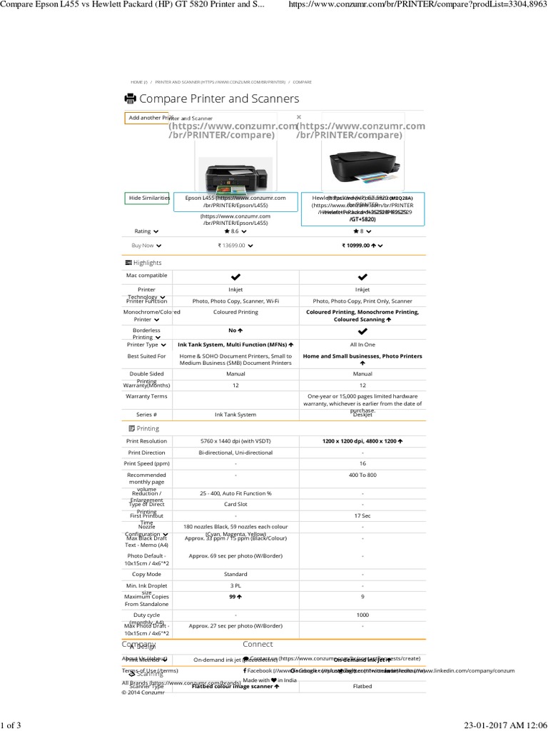 Compare Epson L455 Vs Hewlett Packard (HP) GT 5820 Printer and Scanners