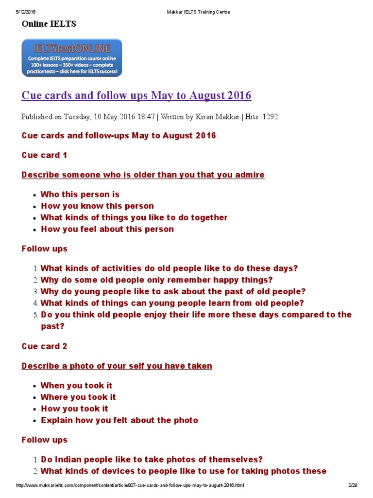 IELTS Speaking Cue Cards May-Aug 2016 | PDF | Friendship | Leadership