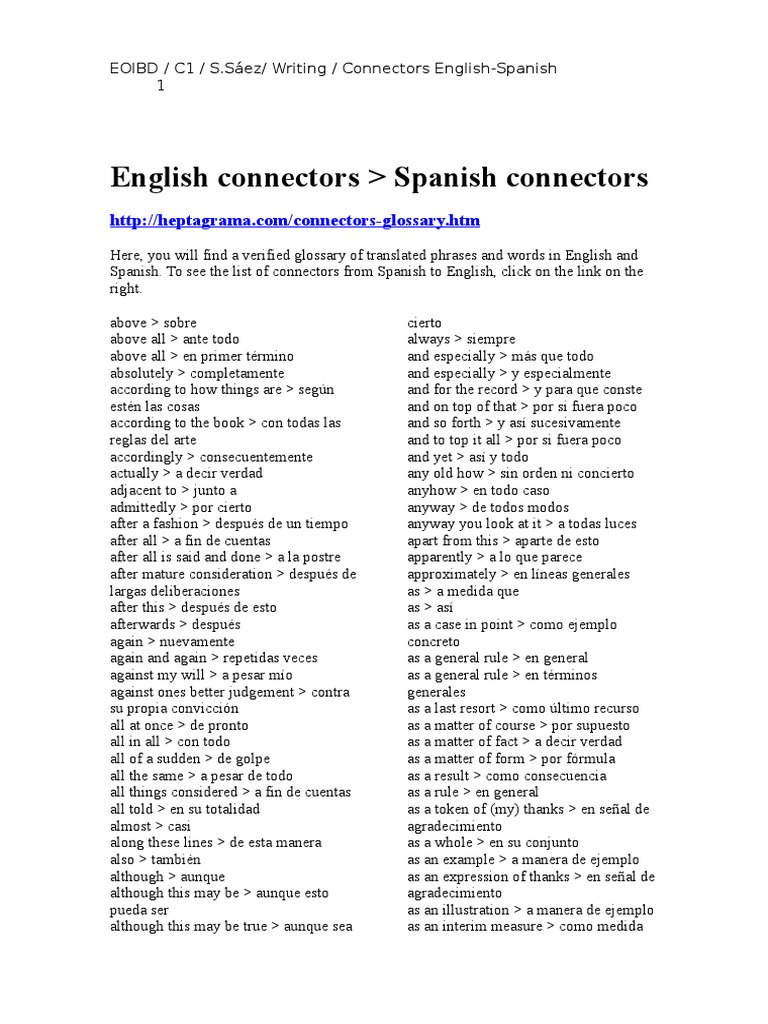 Connectors English Spanish | PDF | Artes del Lenguaje y Comunicación