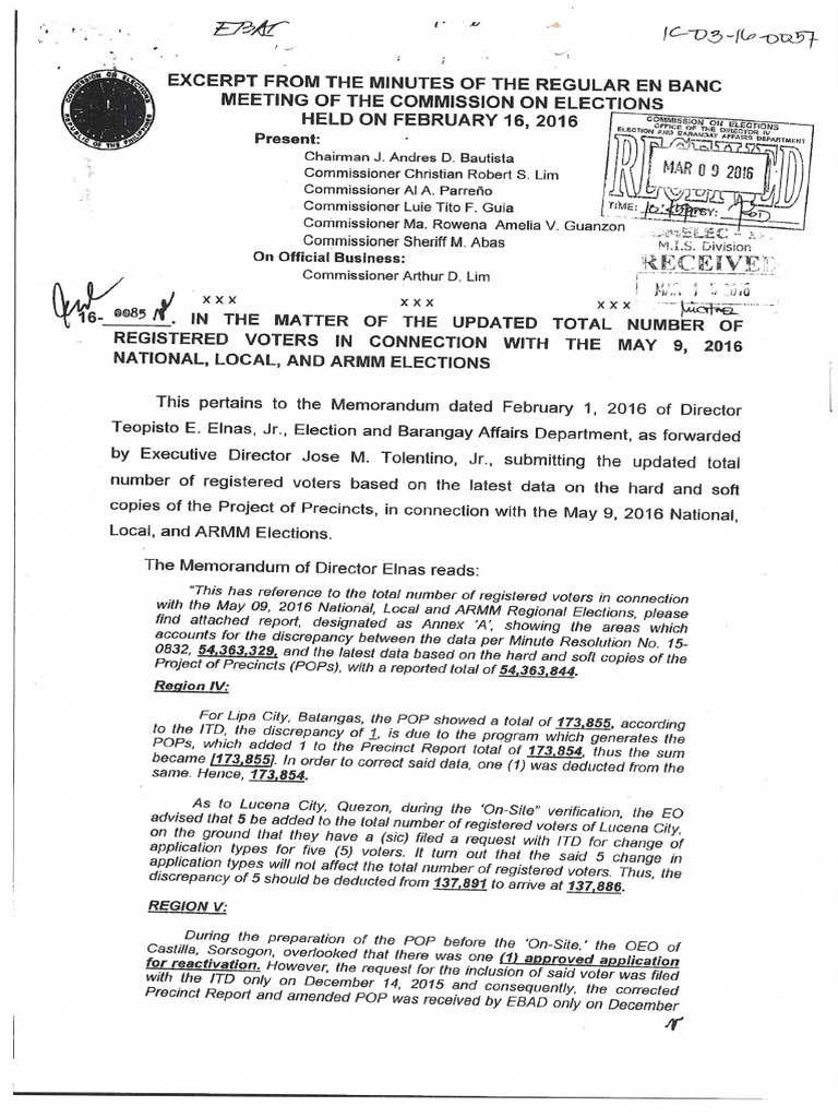 Project of Precincts (COMELEC Minute Resolution No. 16-0085) | PDF