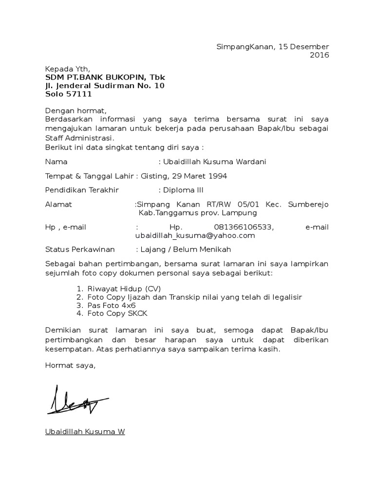 Contoh Surat Contoh Surat Lamaran Bank Bukopin