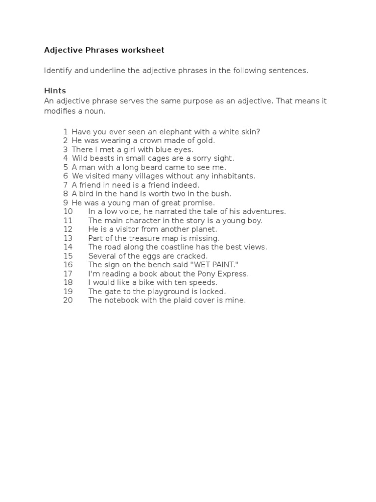 Adjective Phrases Worksheet