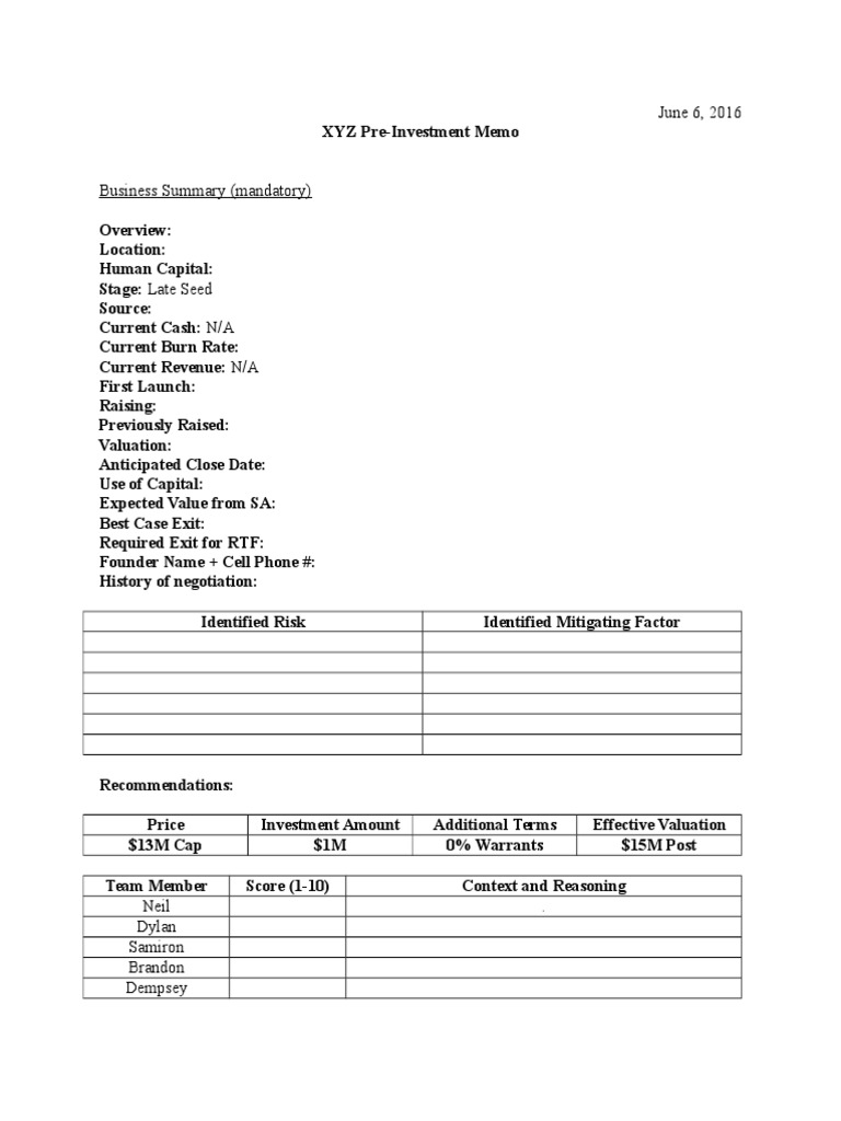 XYZ Pre-Investment Memo Overview | PDF