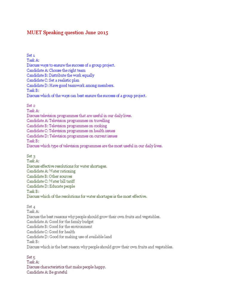 MUET Speaking Questions June 2015 | PDF