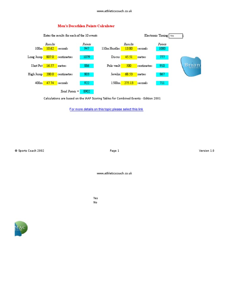 Men's Decathlon Points Calculator Results Points Results Points PDF