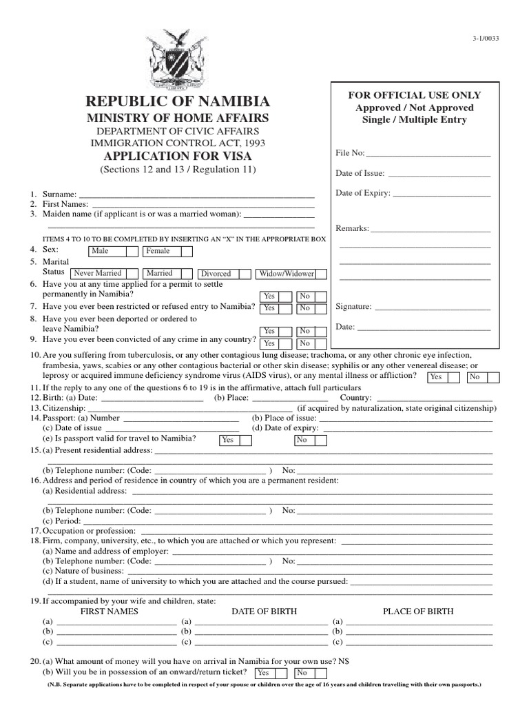 Namibia Form PDF Travel Visa Passport