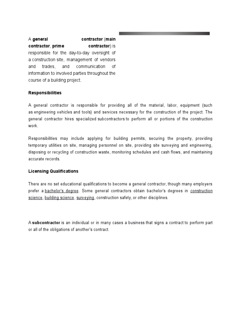 Contractor and Subcontractor Roles Explained | PDF | General Contractor ...
