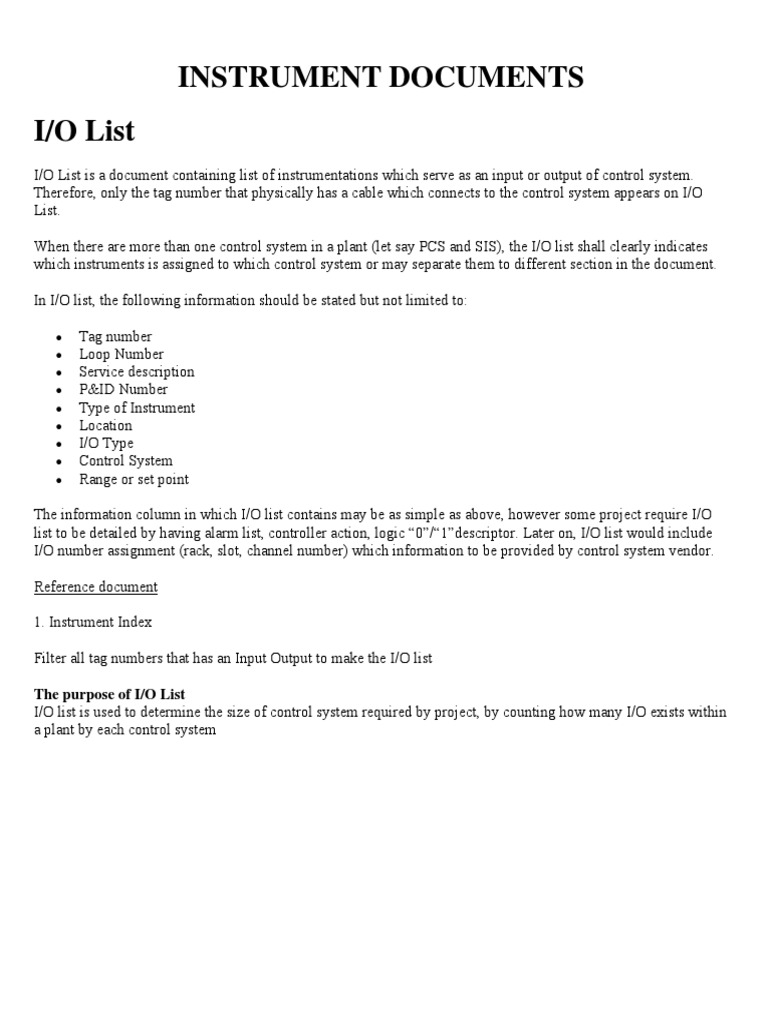 I/O List for Control Systems | PDF | Measuring Instrument ...