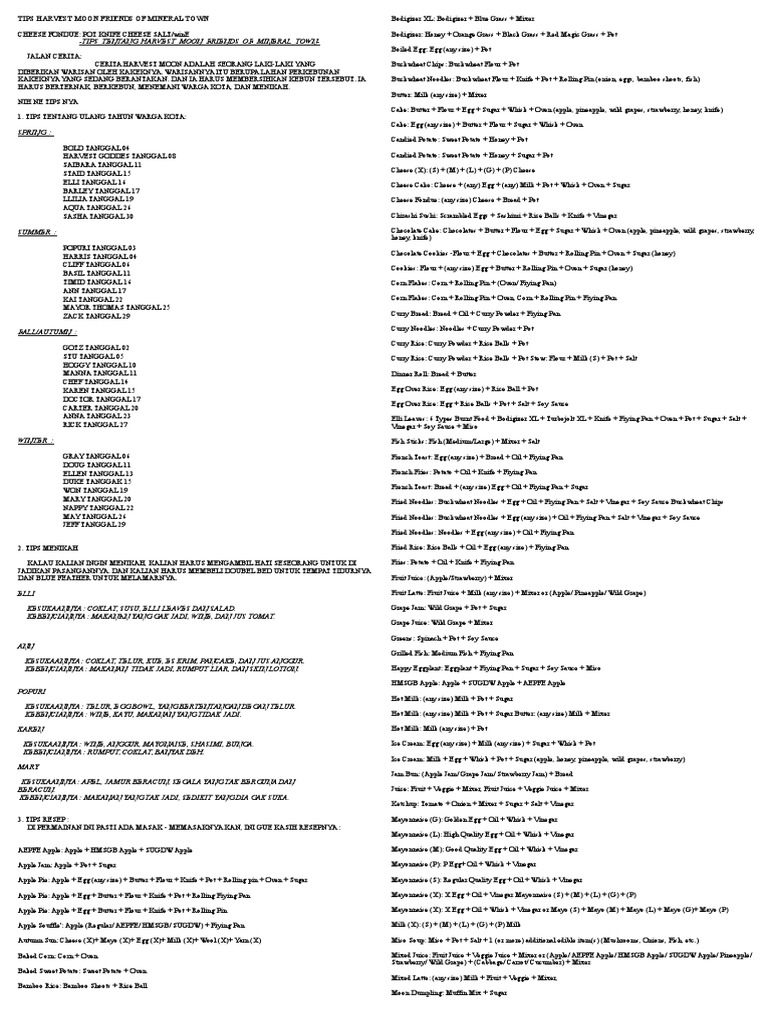 Tips Harvest Moon Friends of Mineral Town PDF Mayonnaise Pancake