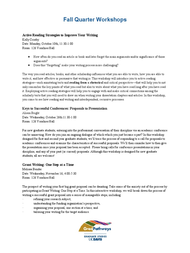 Fall Quarter Workshops | PDF | Grant Writing | Graduate School