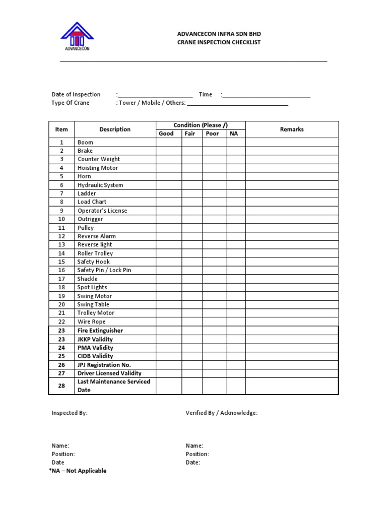 Crane Inspection Checklist Rev | PDF | Computers | Technology & Engineering