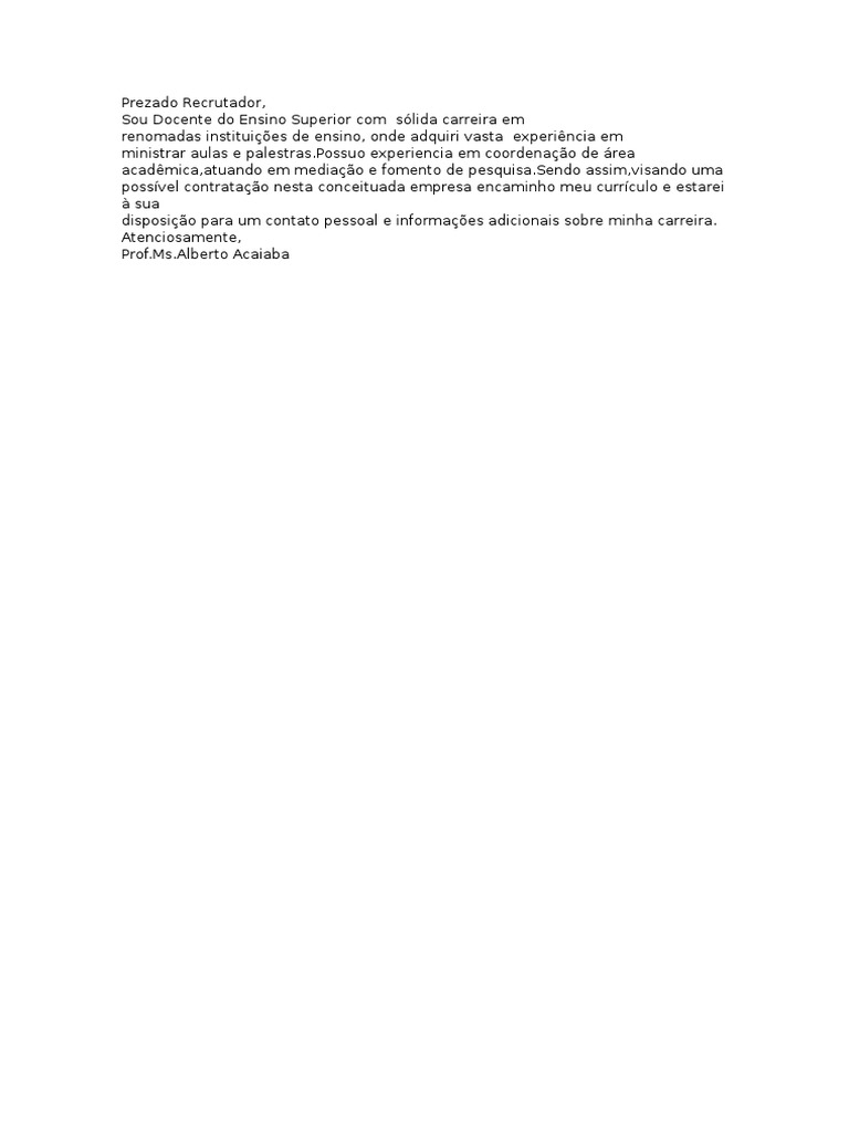 Prezado Recrutador Carta de Apresentação  PDF  Professores