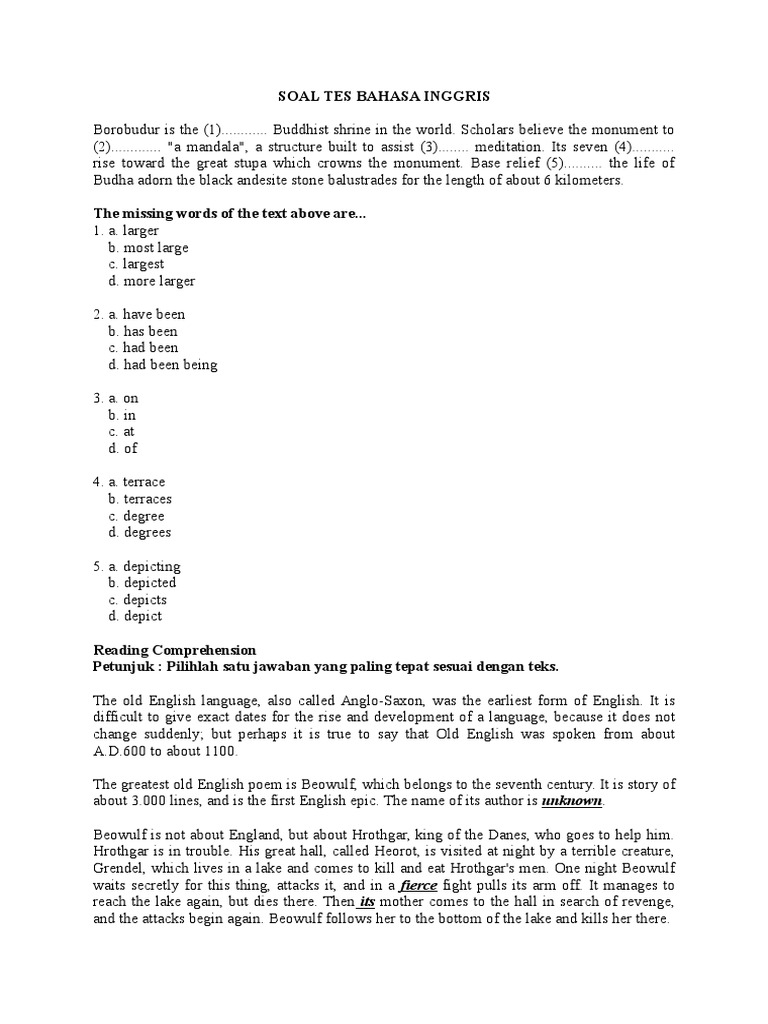 Soal Tes Bahasa Inggris Docx Beowulf Anglo Saxons