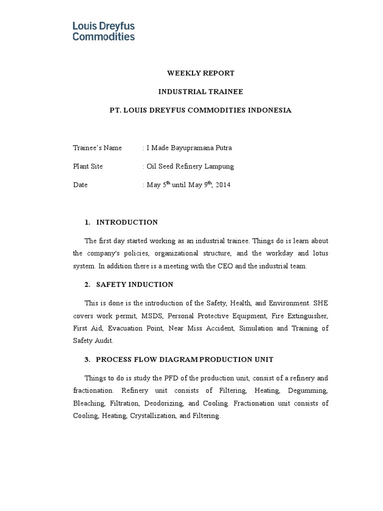 Weekly Report: Oil Seed Refinery Trainee | PDF